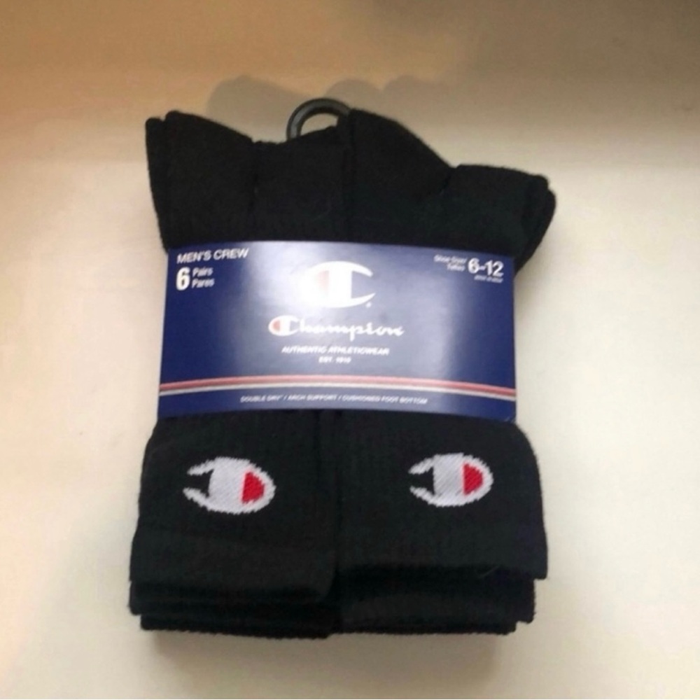New Champion Socks Men’s 6 Pair Black Crew Socks Athletic Casual Activewear